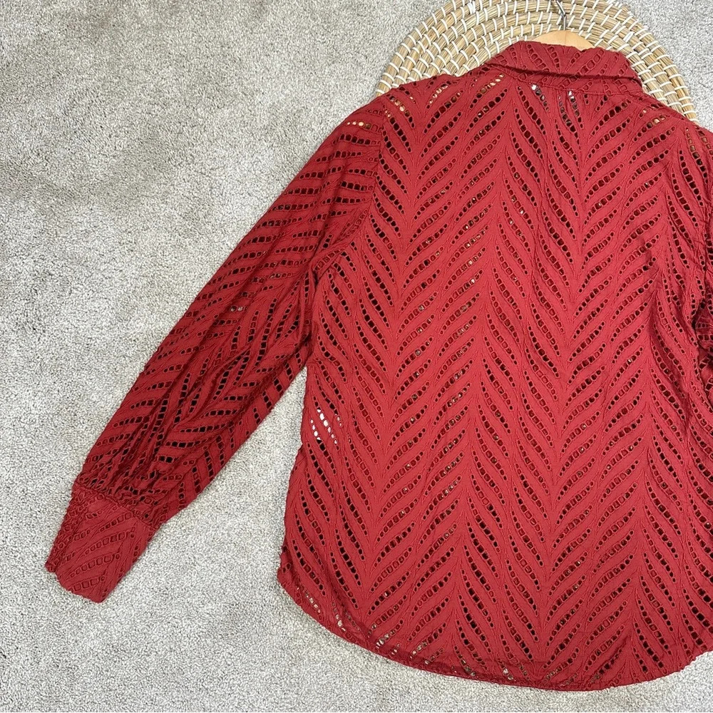 Chico's Red/Rust Eyelet Point-Collar Button-Down - Picture 9 of 15